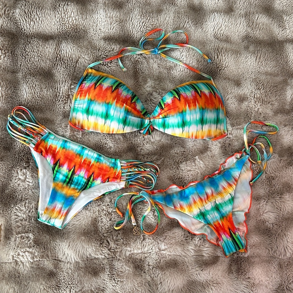Luli Fama Multicolor Tie-Dye Bikini Set - Turquoise, Orange, Yellow, Red